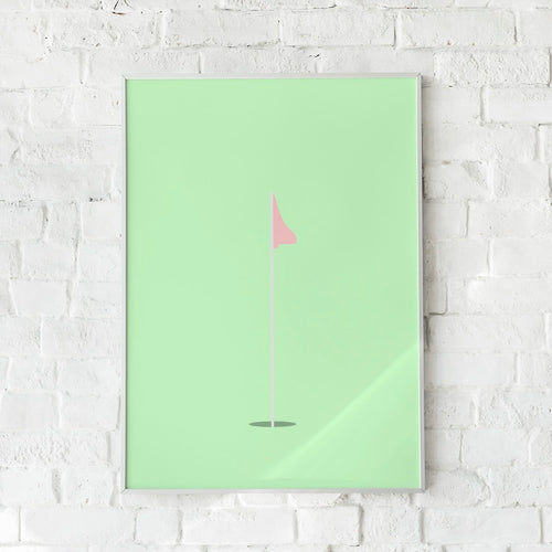 Minimalistisk golfplakat med pink flag på mintgrøn baggrund – "19th Hole". En stilfuld sportsplakat.