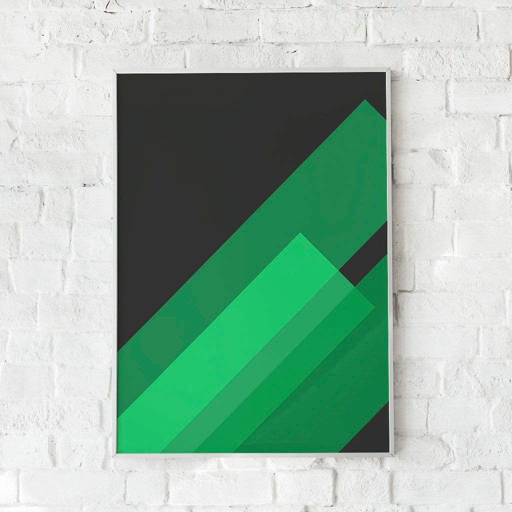Geometrisk plakat med skrå linjer i grønne nuancer – "45 Degree". En moderne og stilren vægdekoration.