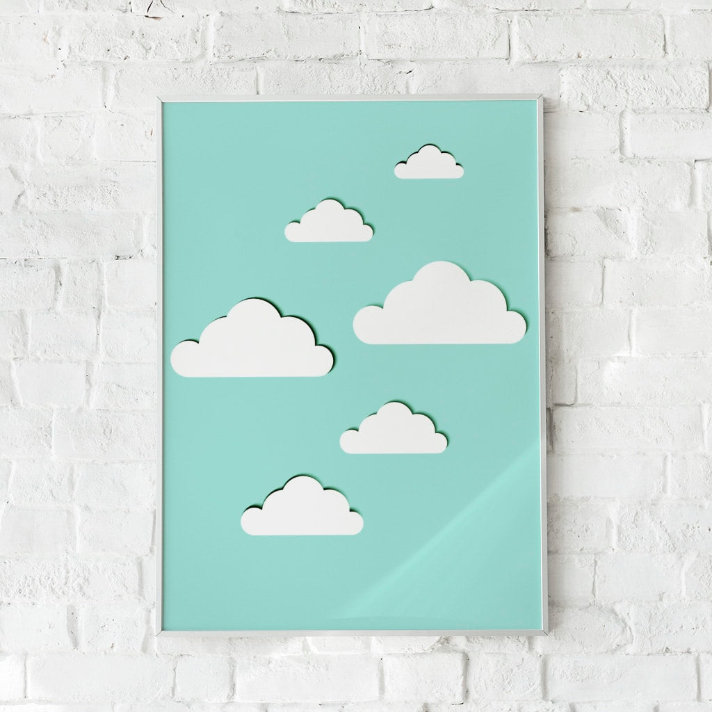 Minimalistisk plakat med hvide skyer på himmelblå baggrund – "A Sky Full of Clouds". En beroligende og drømmende vægdekoration.