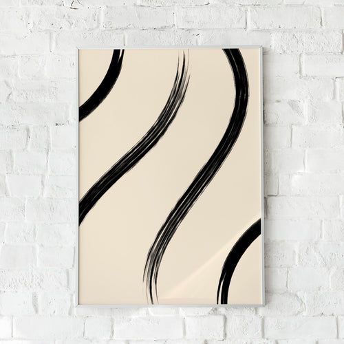 Minimalistisk plakat med sorte penselstrøg på beige baggrund – "Abstract Shapes No. 2". En kunstnerisk vægdekoration.