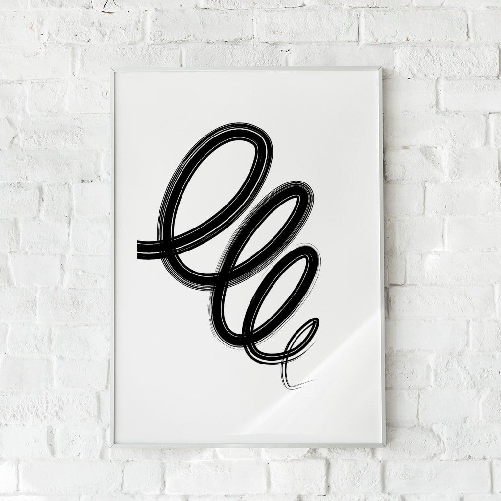 Moderne plakat med sorte spiraler på hvid baggrund – "Abstract Shapes No. 3". En elegant vægdekoration.