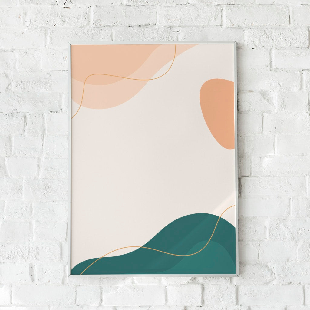 Minimalistisk plakat med gyldne detaljer på beige og grøn baggrund – "Abstract Vision #1". En moderne vægdekoration.