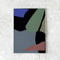 Abstrakt plakat med dæmpede farver i blå, grøn, grå og brun – "Abstraction". En moderne vægdekoration.