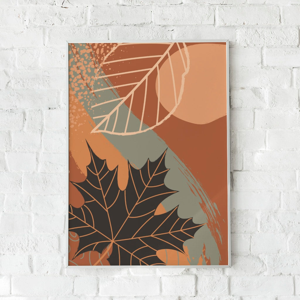 Efterårsinspireret plakat med blade i varme jordfarver – "Autumn is Close". En hyggelig vægdekoration.