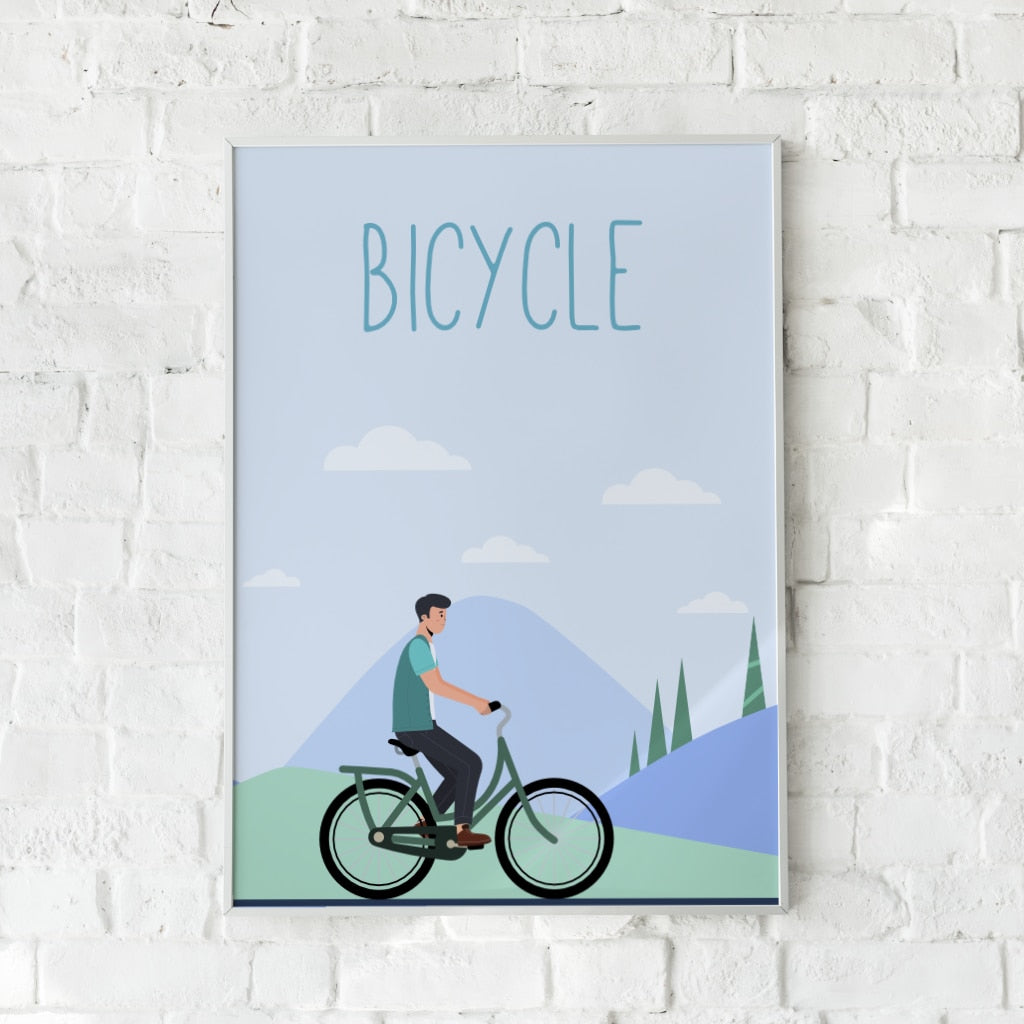 Plakat med en cyklist i et bjergrigt landskab – "Bicycle".
