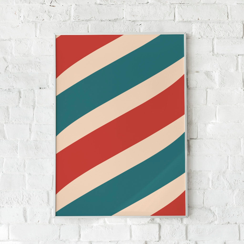 Retro-inspireret plakat med diagonale striber i røde, grønne og beige toner – "Barber Pole". En vintage vægdekoration.