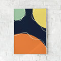 Abstrakt plakat med cirkulære former i orange, gul og mintgrøn på mørkeblå baggrund – "Basis of Dreams".