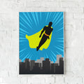 Farverig plakat med en superhelt silhuet over en by i solopgang – "Be the Superhero".