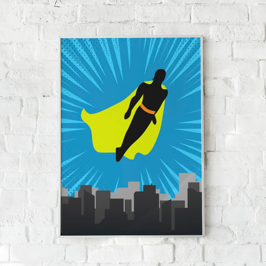 Farverig plakat med en superhelt silhuet over en by i solopgang – "Be the Superhero".