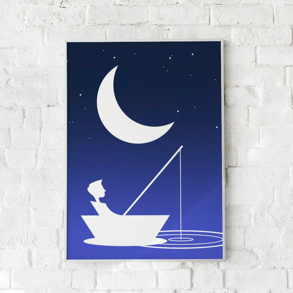 Plakat med en dreng i en båd under stjernerne – "Boy at Midnight".