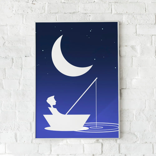 Plakat med en dreng i en båd under stjernerne – "Boy at Midnight".