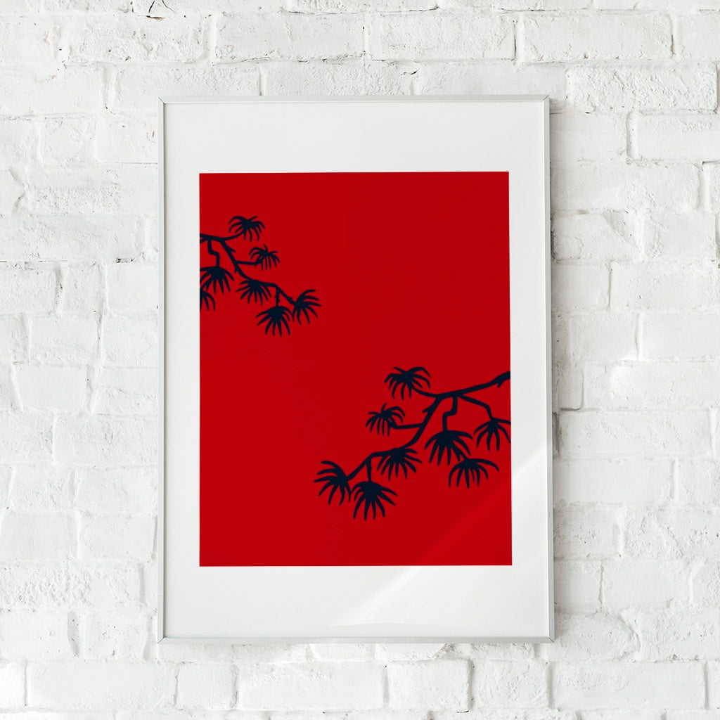 Minimalistisk plakat med rød baggrund og sorte grene – "Canvas of Dreams". Moderne vægkunst.