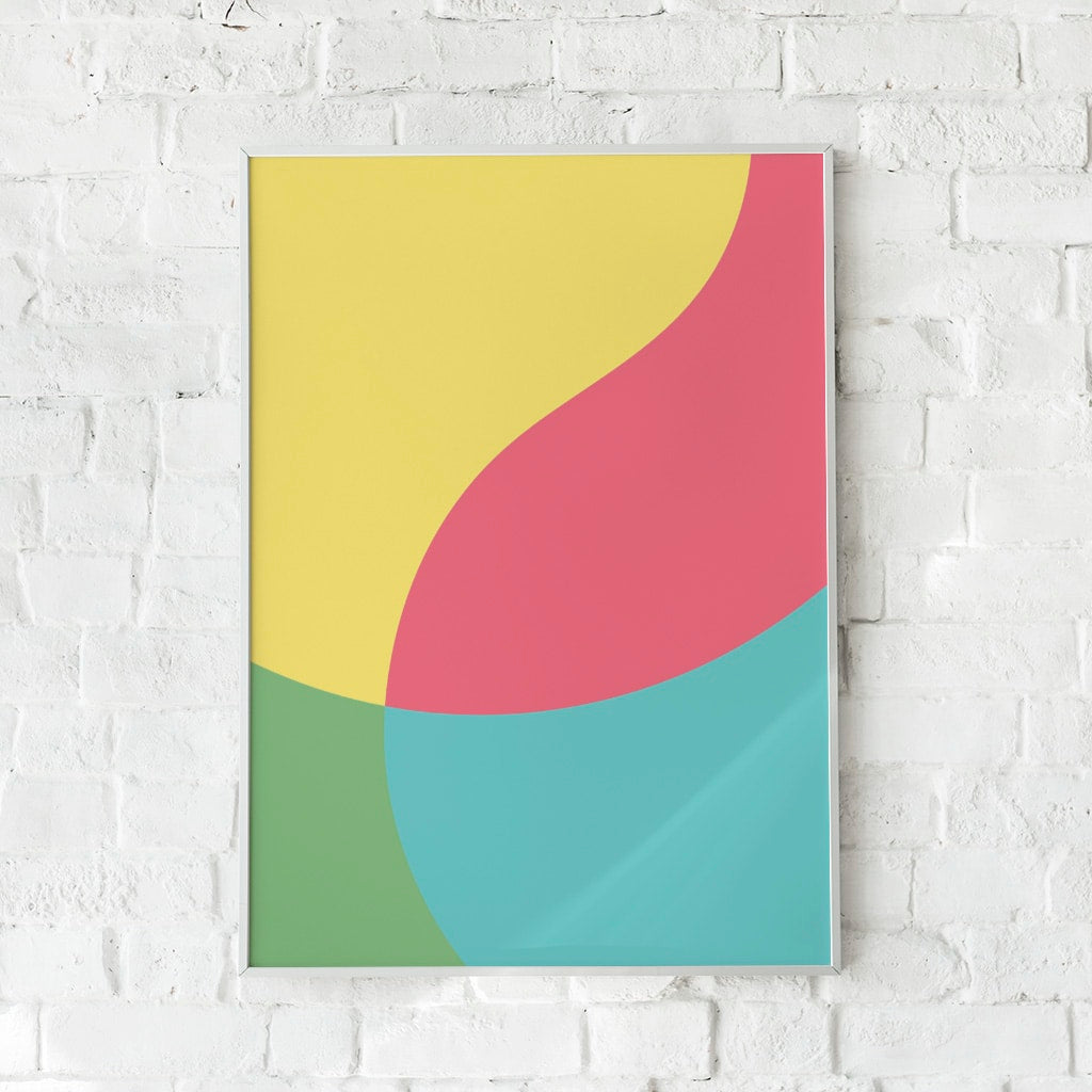 Grafisk plakat med buede farvefelter i gule, røde og turkise nuancer – "Colorways".