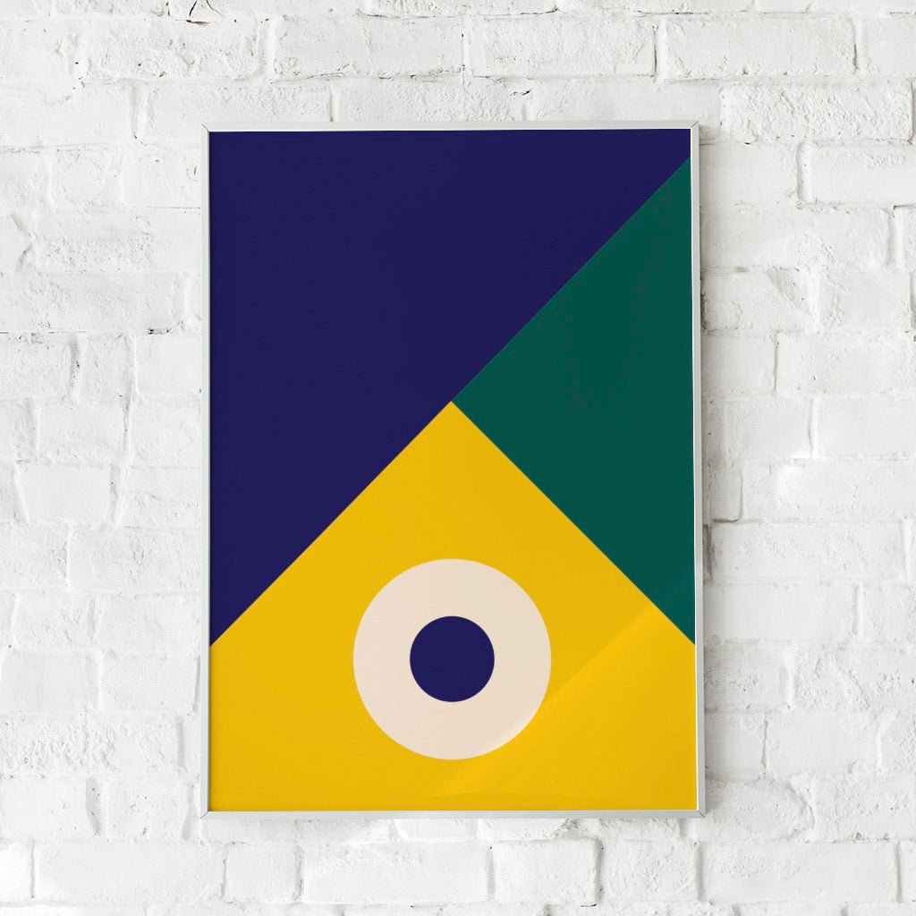 Moderne plakat med geometriske former i blå, grøn og gul – "Colourways No.1".