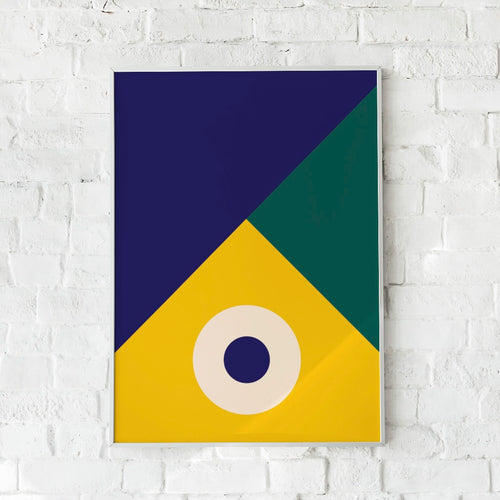 Moderne plakat med geometriske former i blå, grøn og gul – "Colourways No.1".