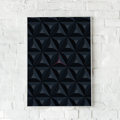 Geometrisk plakat med polygonmønster og lysstråle – "Coming Through".
