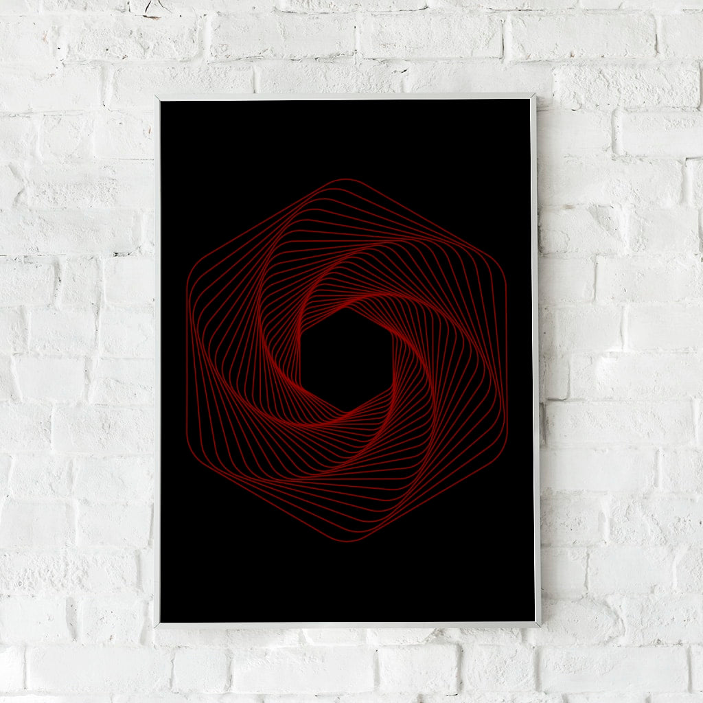 Geometrisk plakat med rød spiral på sort baggrund – "Congruous".