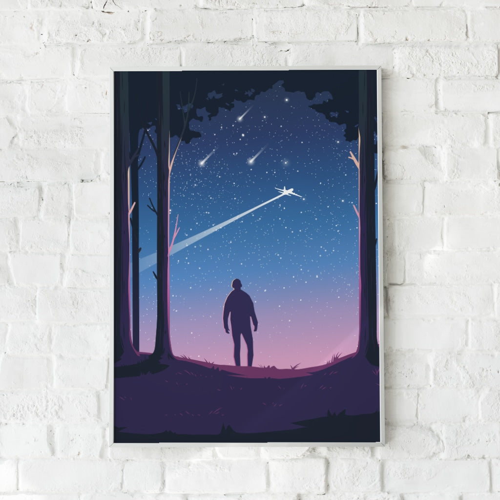 Plakat med en nattehimmel, en ensom silhuet og stjerneskud i blå og lilla nuancer.