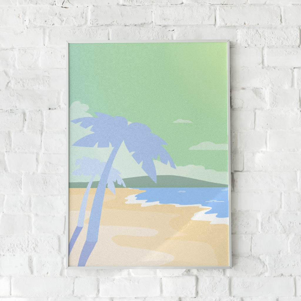 Grafisk plakat med en stiliseret strandscene, blå palmer og havudsigt.