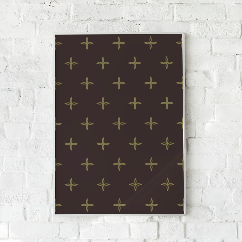 Plakat med et gentagende geometrisk mønster i olivengrønne toner på mørk baggrund.