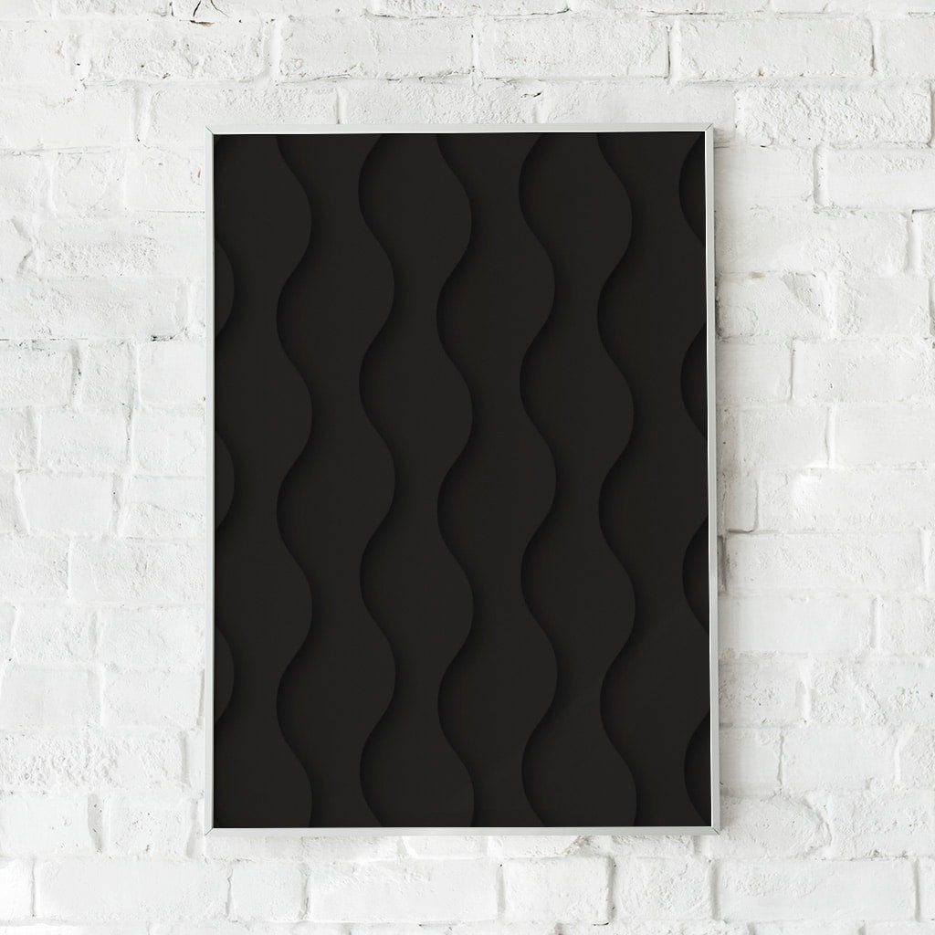 Minimalistisk sort-hvid plakat med abstrakte, bølgende former, der skaber en hypnotisk 3D-effekt og dybde.