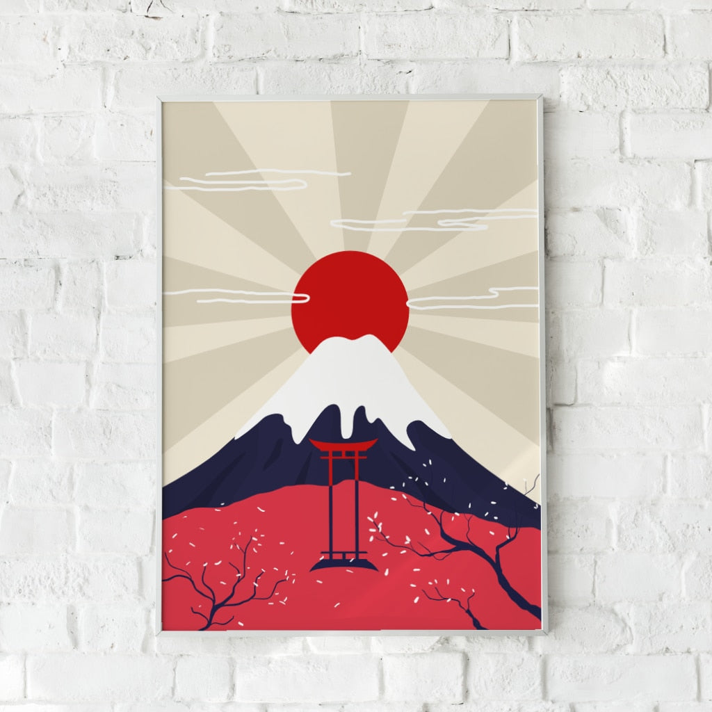 Minimalistisk plakat af Mount Fuji med en stor rød sol og en traditionel torii-port i forgrunden.