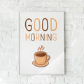 Plakat med et kaffekrus og teksten "GOOD MORNING" i varme brunlige nuancer.