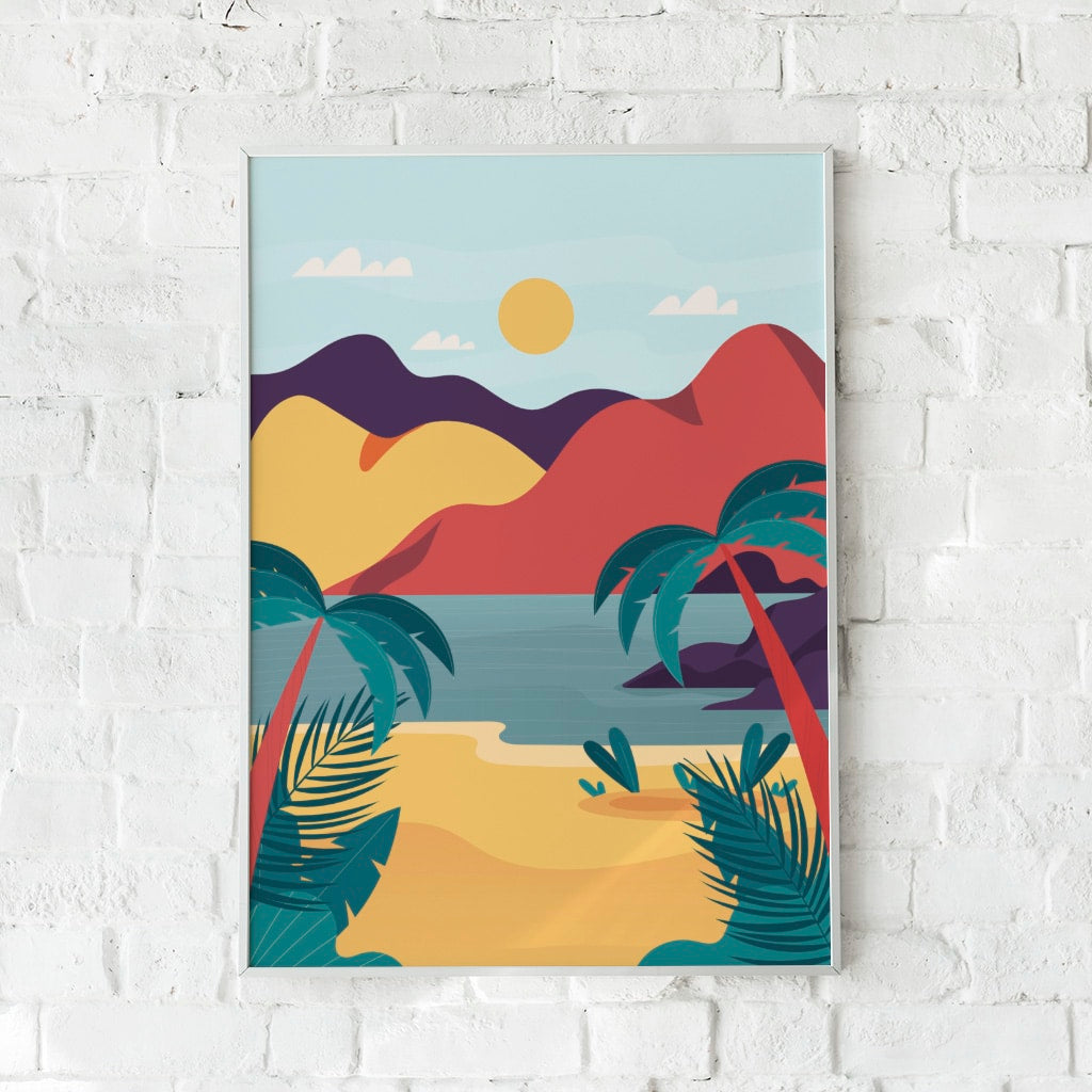 Tropisk plakat med palmer, strand og bjerge i varme og kølige farver.