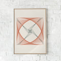 Geometrisk plakat med symmetriske linjer i rust-orange og dybgrønne nuancer.