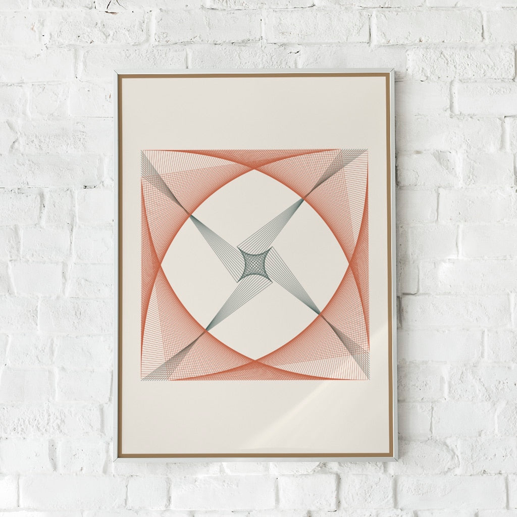 Geometrisk plakat med symmetriske linjer i rust-orange og dybgrønne nuancer.