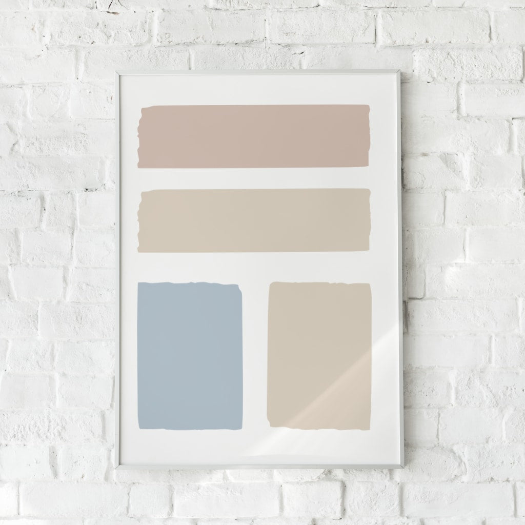 Minimalistisk plakat med abstrakte blokke i rosa, cremehvid og blød blå.