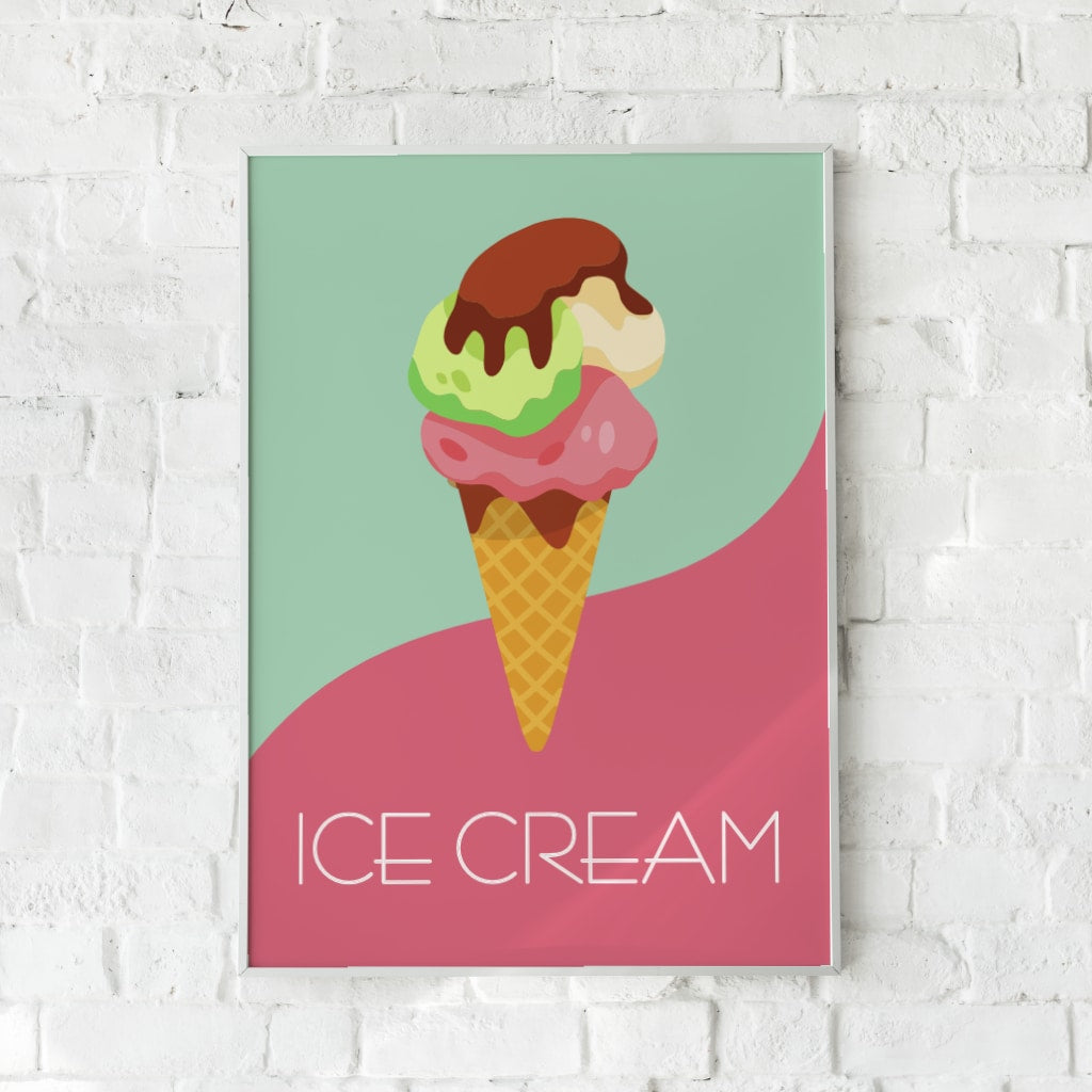 Farverig plakat af en smeltende is med chokoladesauce.
