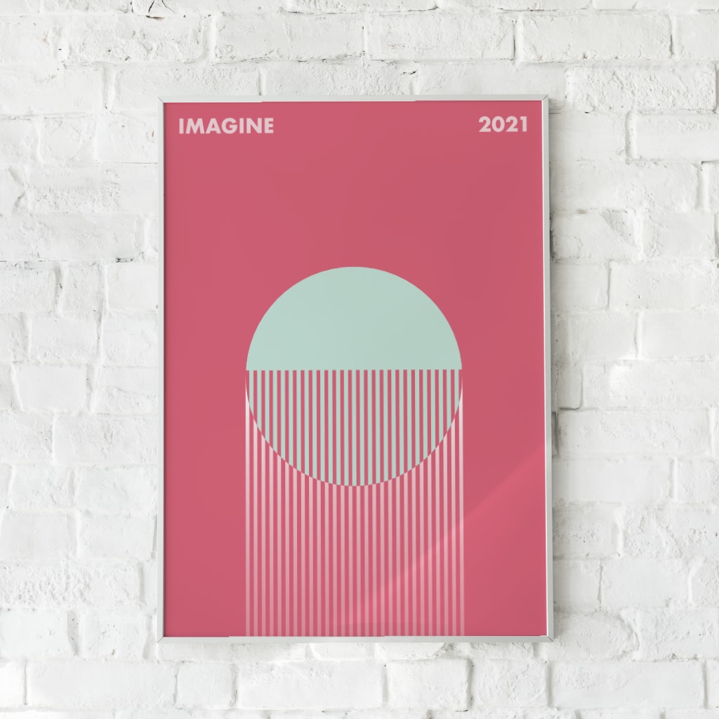 Grafisk plakat med en pink baggrund, en blå halvcirkel og lodrette striber.