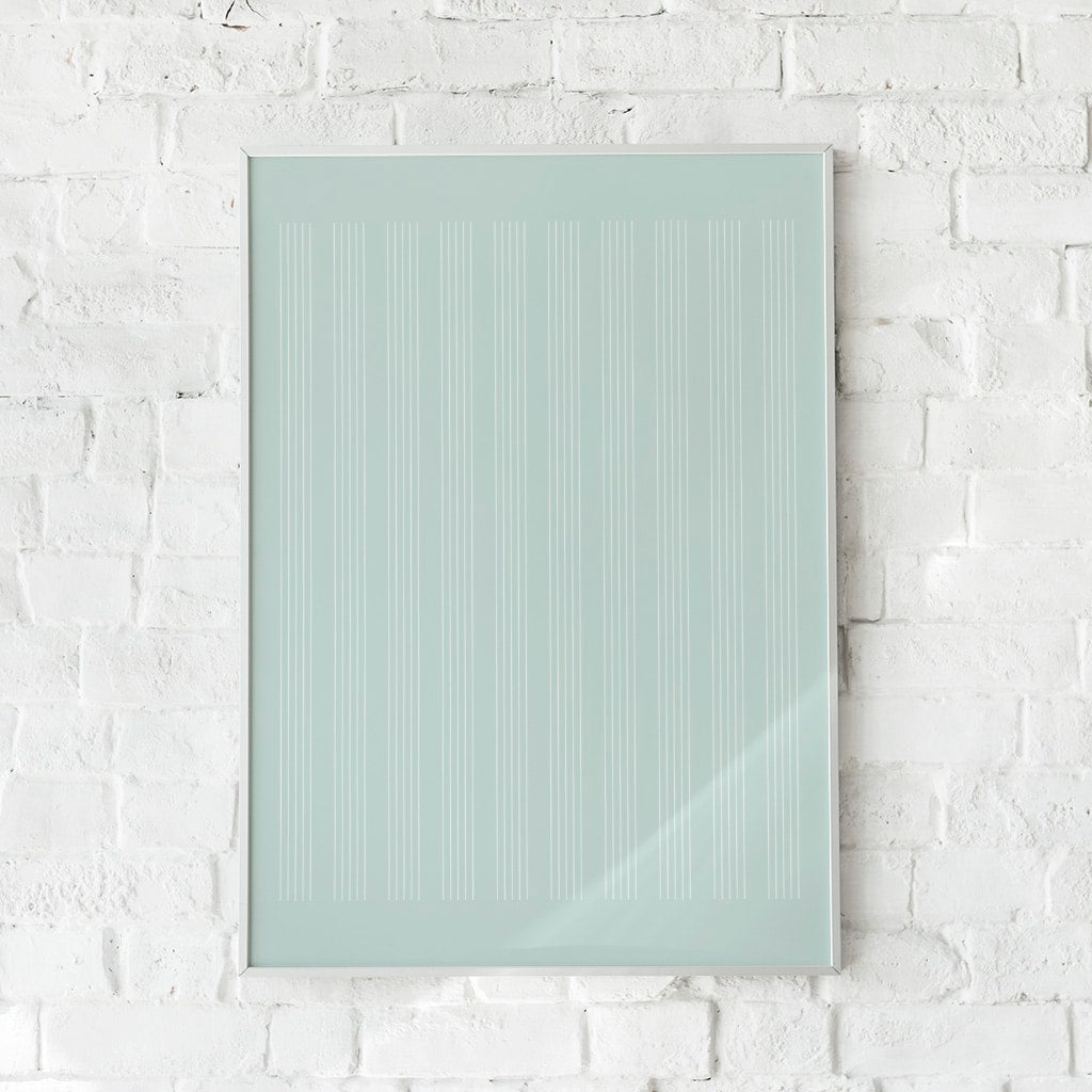 Minimalistisk plakat med fine lodrette linjer på en sart mintgrøn baggrund.