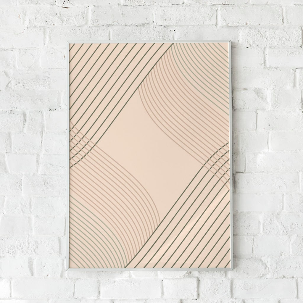 Plakat med bølgende linjer i grøn og brun på en beige baggrund.
