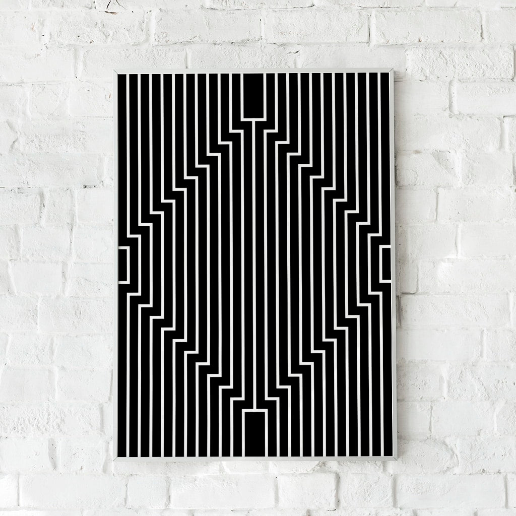 Sort-hvid plakat med skarpe linjer i et geometrisk mønster.