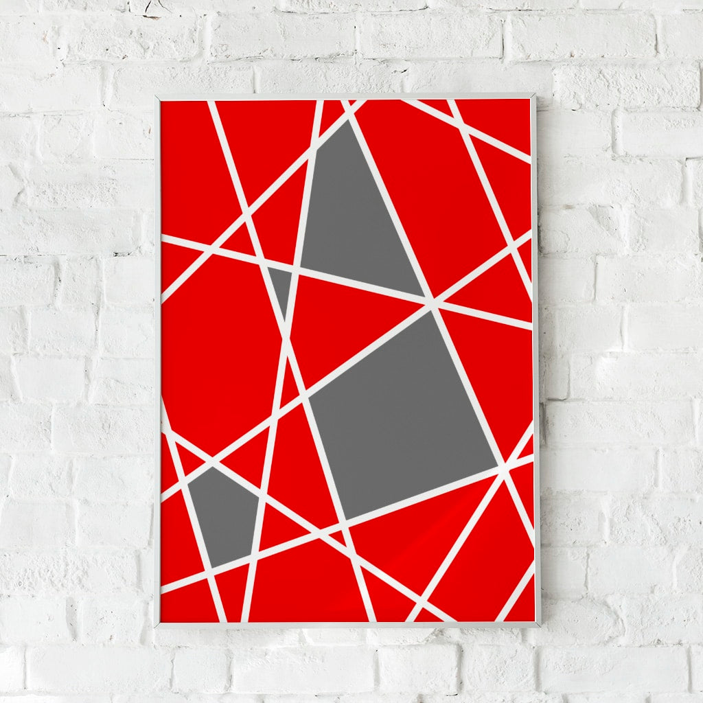 Geometrisk plakat med røde, hvide og grå former.
