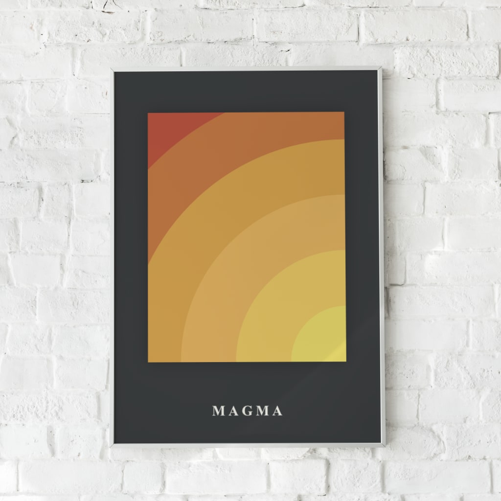Abstrakt plakat med koncentriske bølger i rød, orange og gul.