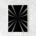 Grafisk plakat med optisk dybde og minimalistisk design i sort og grå nuancer. Skaber en hypnotisk effekt.