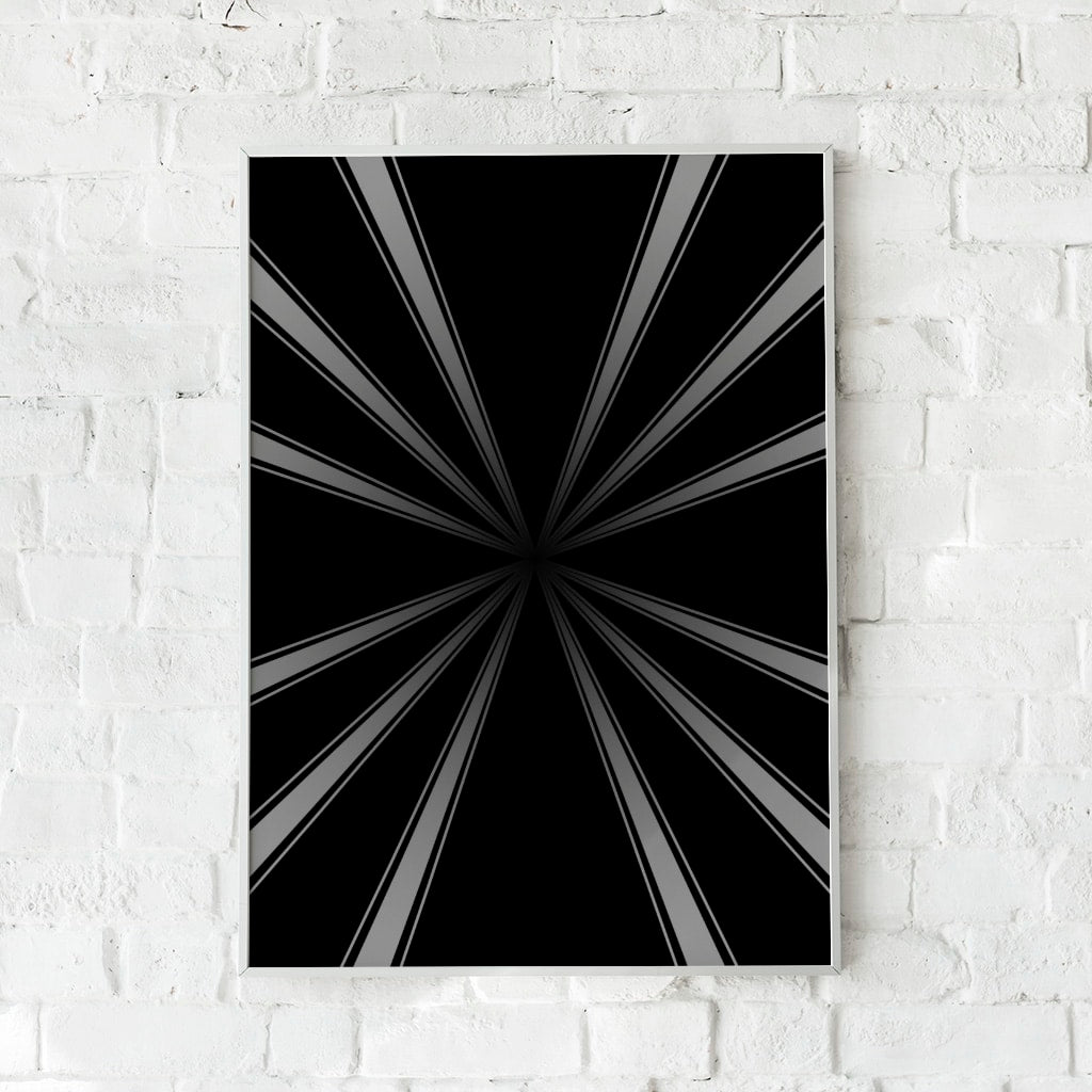 Grafisk plakat med optisk dybde og minimalistisk design i sort og grå nuancer. Skaber en hypnotisk effekt.