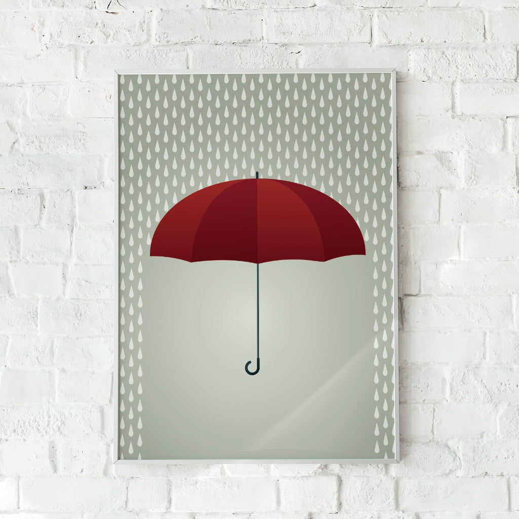 Minimalistisk plakat med en rød paraply omgivet af grå regndråber på en lys baggrund.