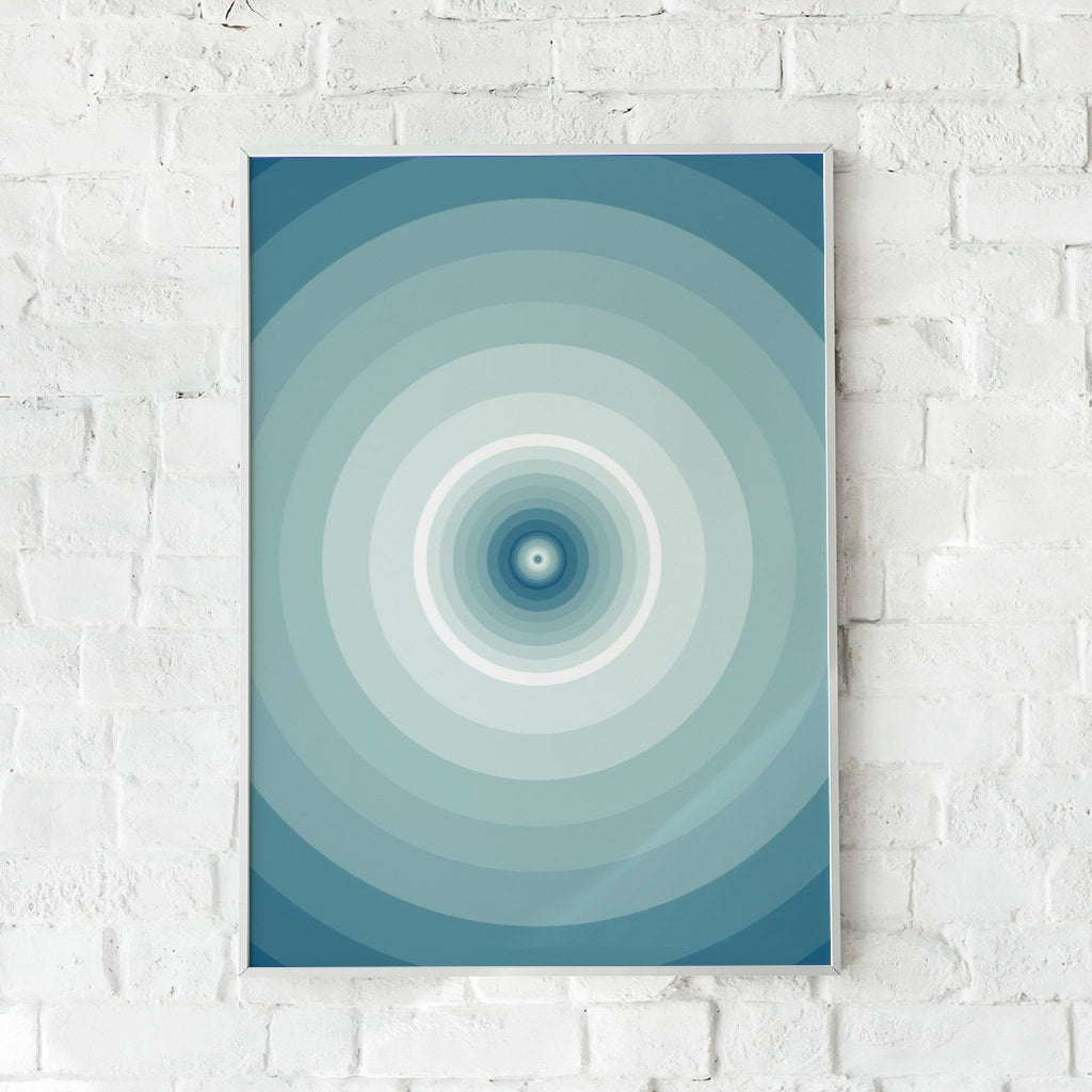 Hypnotisk plakat med koncentriske cirkler i blå og hvid.