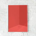 Monokrom rød plakat med subtile skygger og en minimalistisk rumillusion.