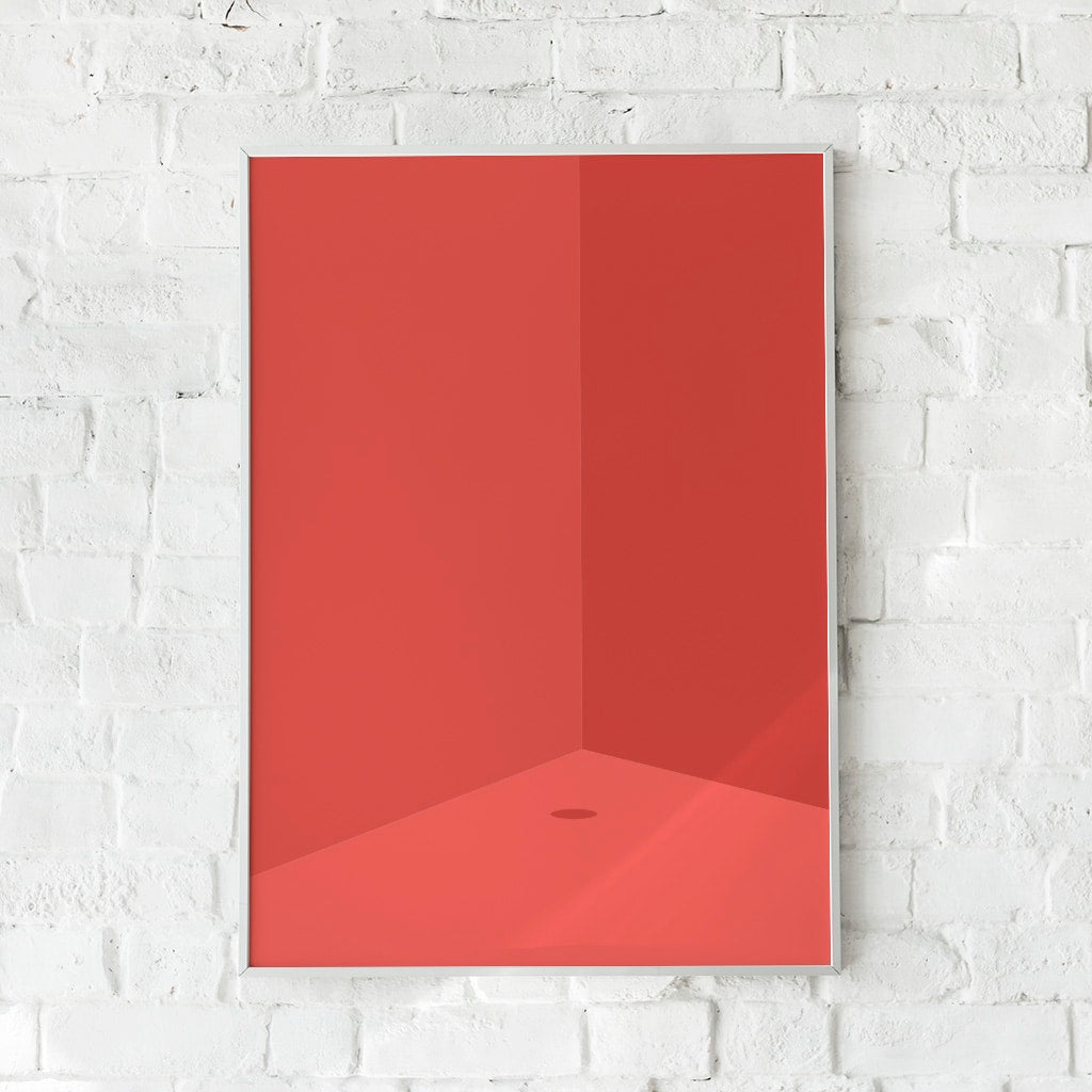 Monokrom rød plakat med subtile skygger og en minimalistisk rumillusion.