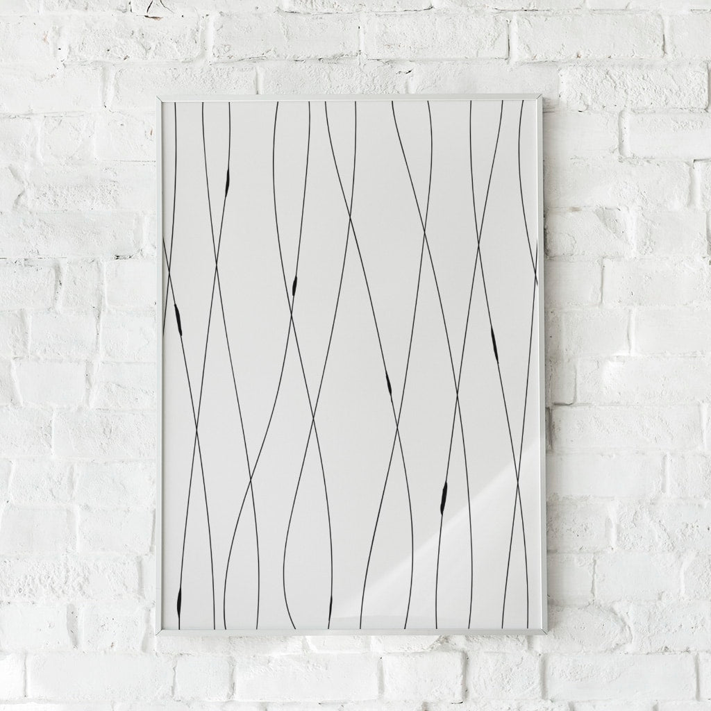 Minimalistisk plakat med sorte, bølgende linjer på en hvid baggrund.