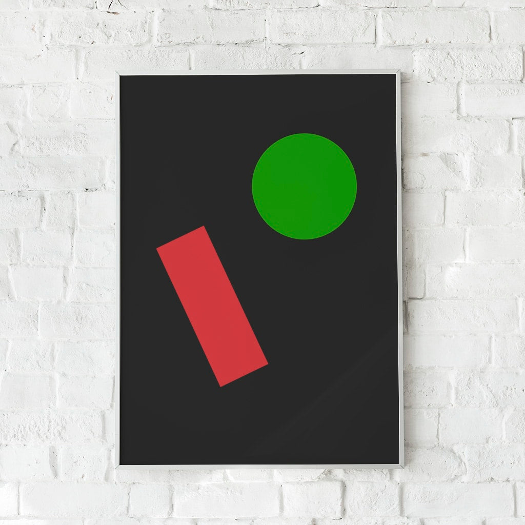 Minimalistisk plakat med skarpe geometriske former på sort baggrund.