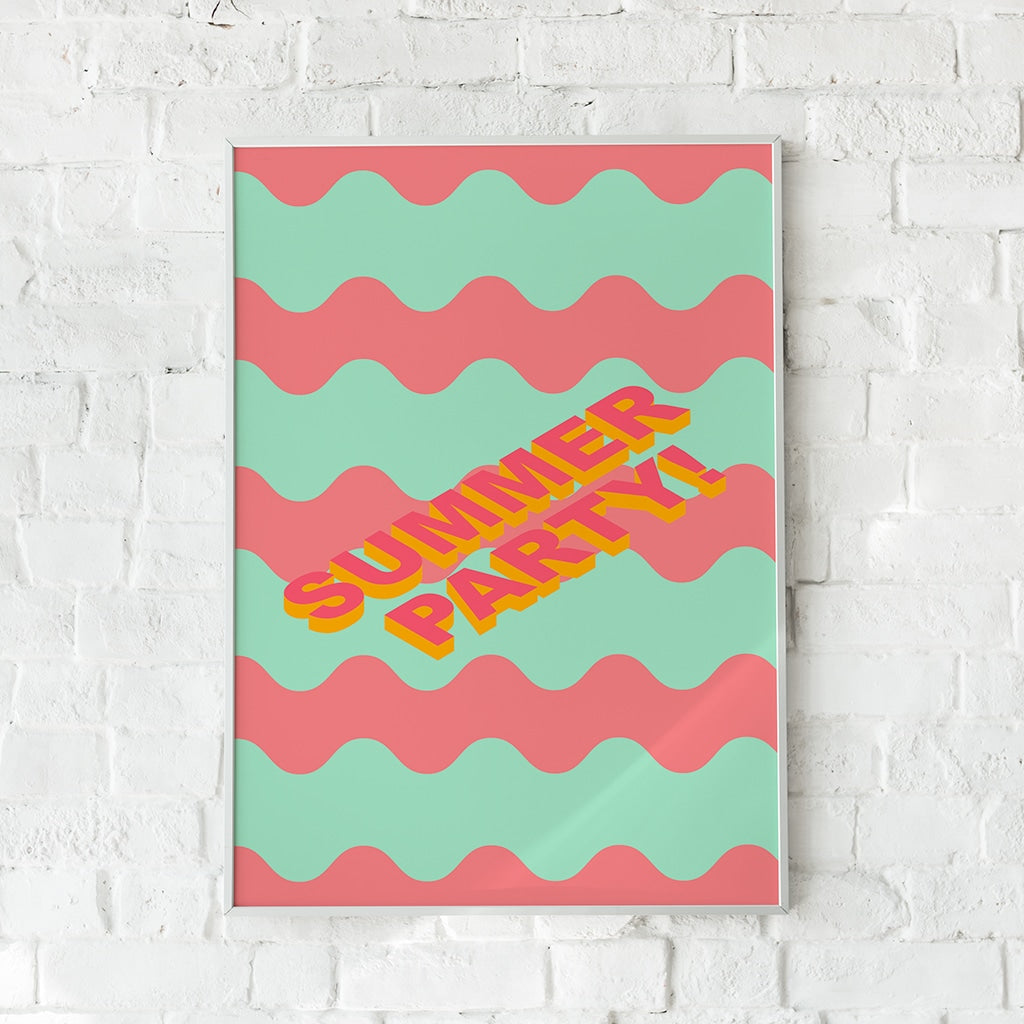 Retro-inspireret plakat med bølgende linjer og levende farver.
