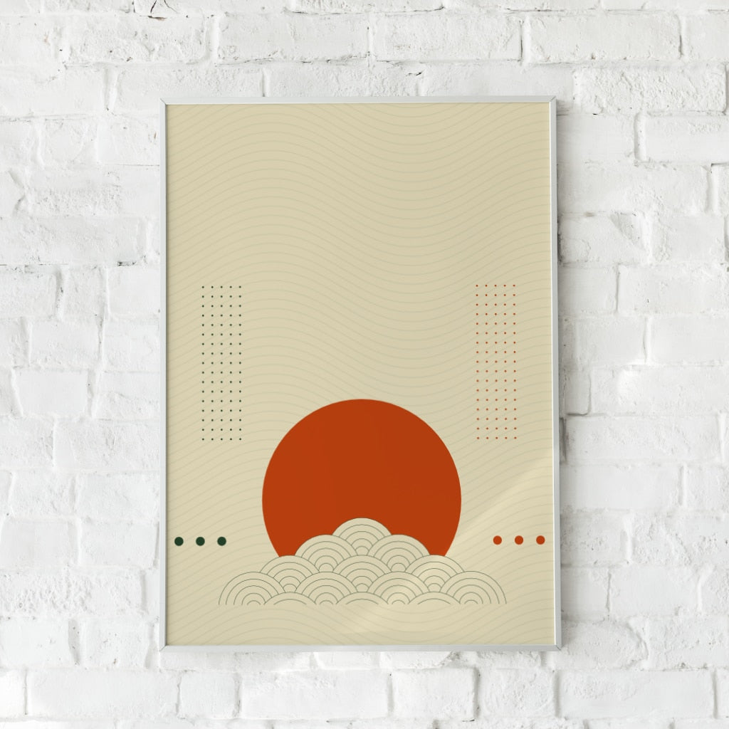 Japansk-inspireret plakat med en stor sol og bølgende linjer.