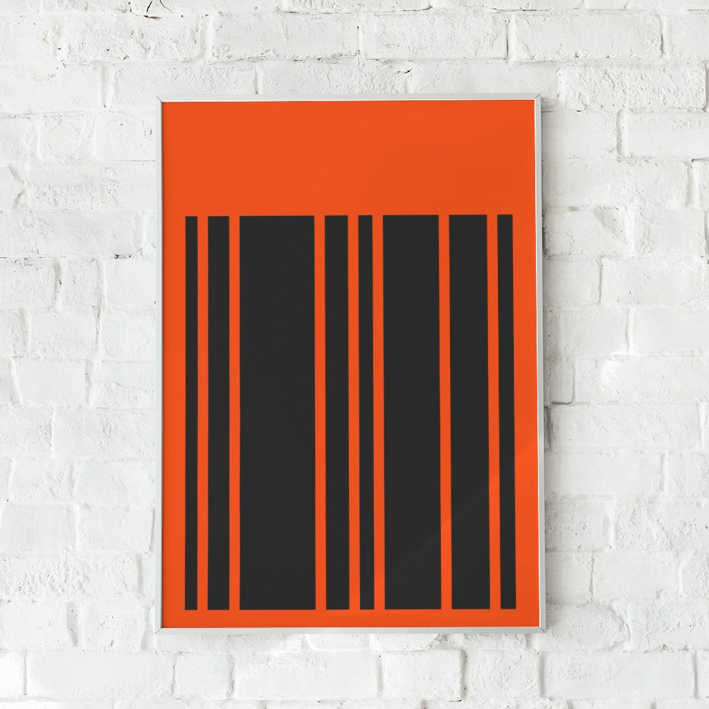 Grafisk plakat med sorte streger på en brændt orange baggrund.