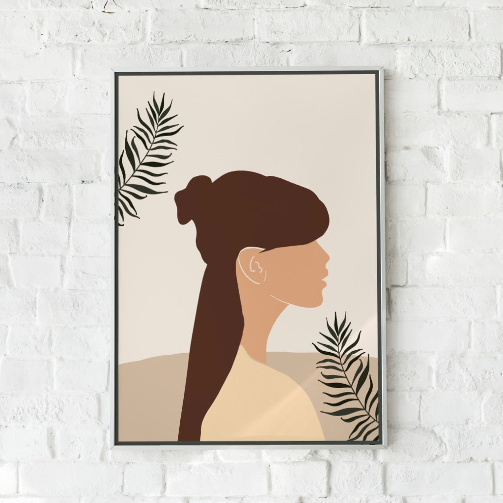 Minimalistisk plakat med en kvindesilhuet og planteillustrationer.